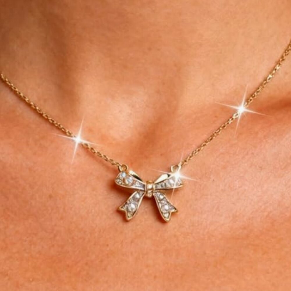 Gold Bow Rhinestone Necklace